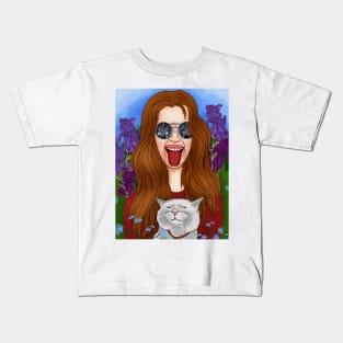 Hippie girl with a cat Kids T-Shirt